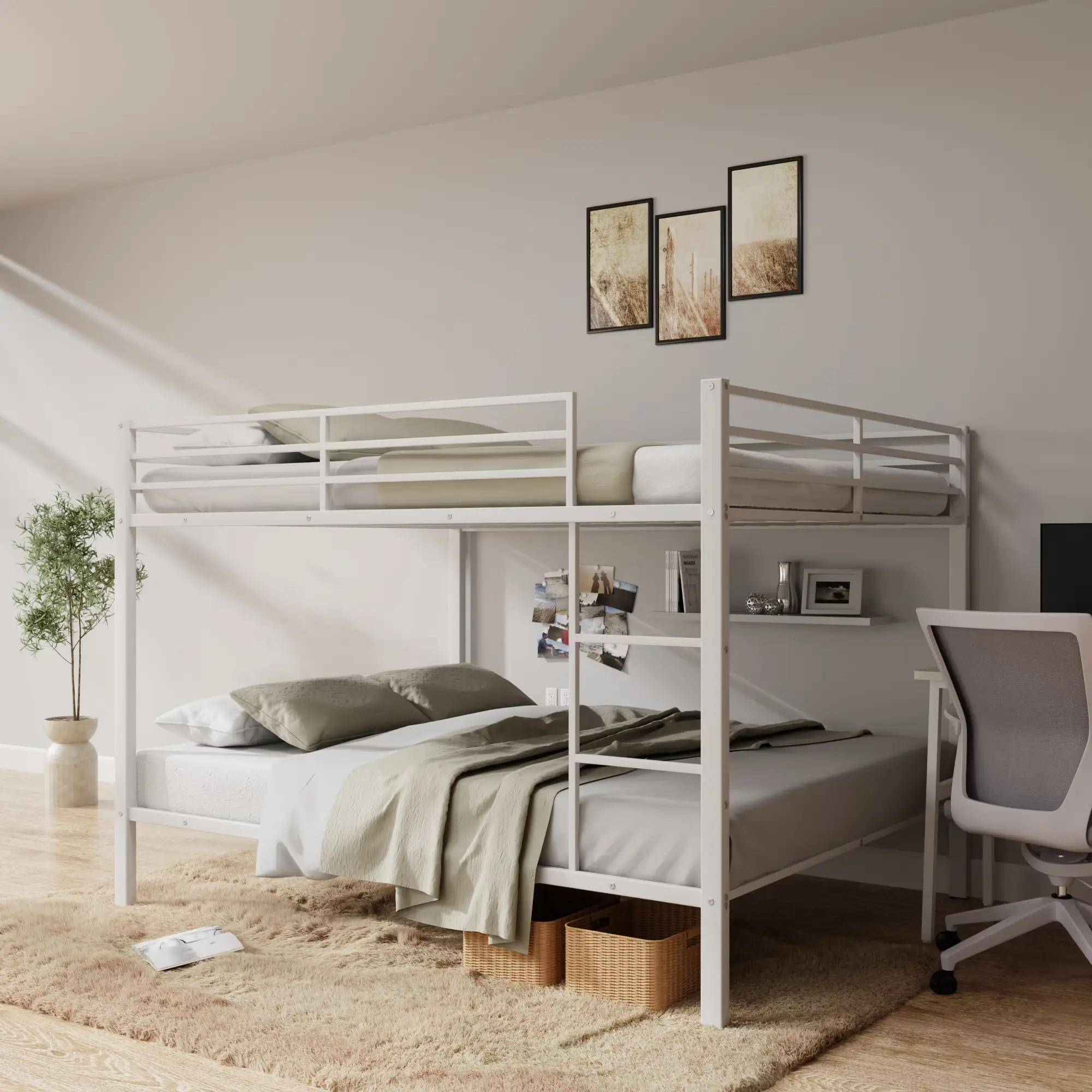 【TikTokShopfalldealsforyou】Over Full Bunk Bed, Heavy Duty Metal Low Bunk Bed Frame with Ladder & Guardrails, Space Saving White Bunk Beds for Small Ro