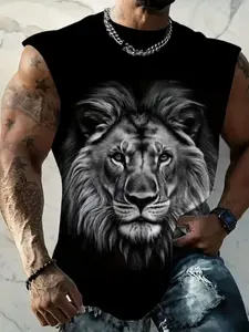 Men's Lion Print Breathable Vest, Casual Sleeveless T-Shirt, Summer Fitness Training Basketball Sportwear, Comfortable Tank Top, Athletic Workout Clothing