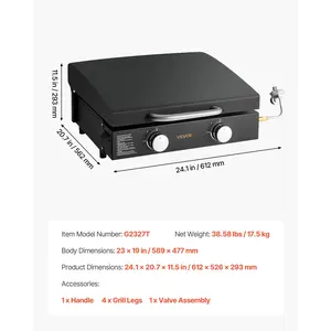 VEVOR Gas Griddle, 2 Burner Tabletop Griddle, 22 inch Portable Griddles Propane with Lid, Oil Drain Hole Oil Collection Tray, 2x 11000BTU Camping Flat Top Grill for Outdoor Cooking, Tailgating