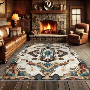 Vintage Bohemian Geometric Pattern Living Room Rug, Non-Slip Floor Mat, Home Decor Carpet for Bedroom and Hotel, Tribal Area Rug