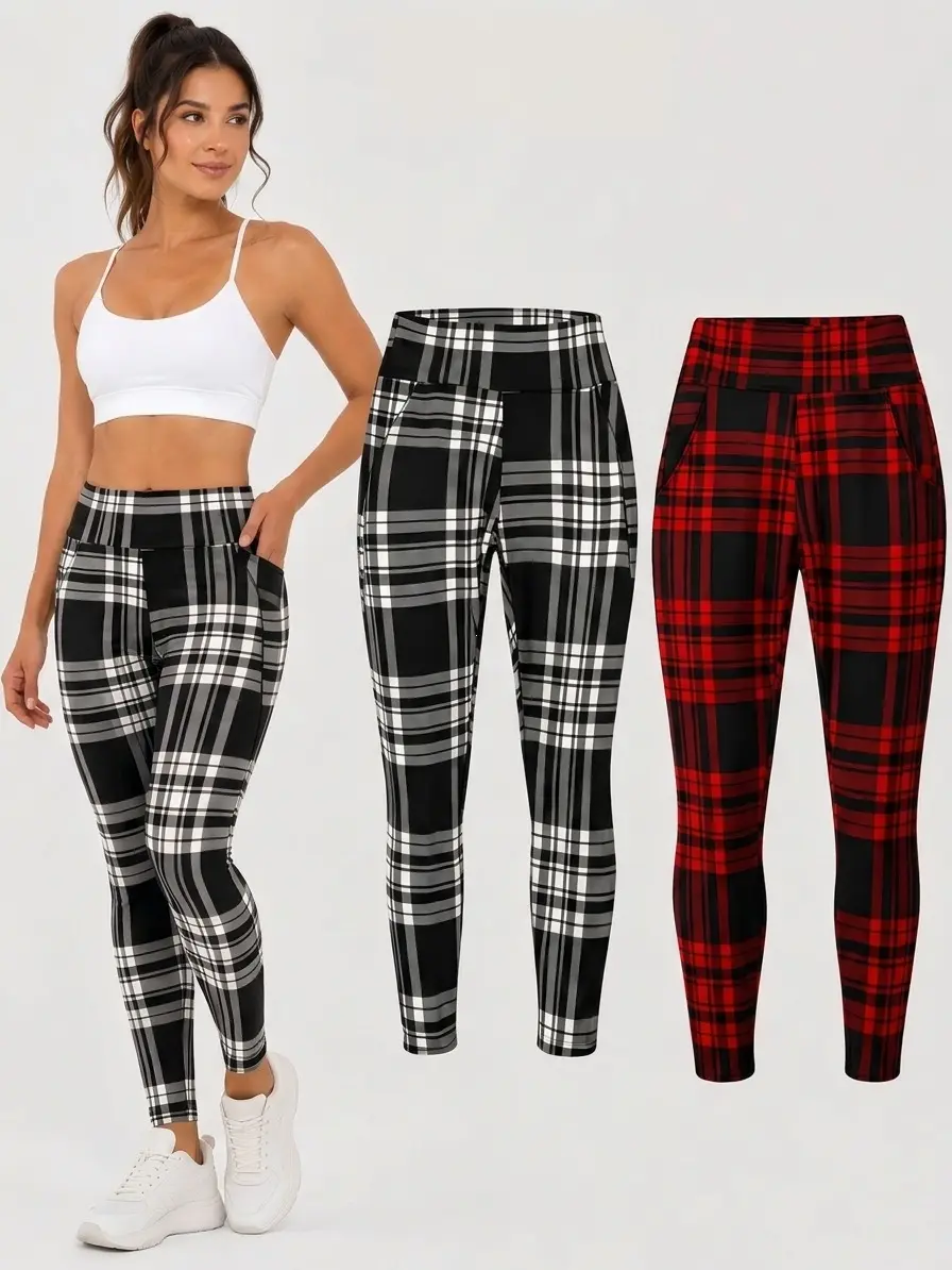 Women’s Plaid Yoga Leggings – High Waisted Tummy Control Butt Lift Workout Pants, Soft Stretch Athletic Leggings