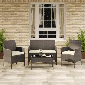 4-Piece Outdoor Furniture Set PE Rattan Wicker Chairs All-Weather Patio Set with Soft Cushions & Tempered Glass Coffee Table for Garden, Backyard, Porch, Poolside