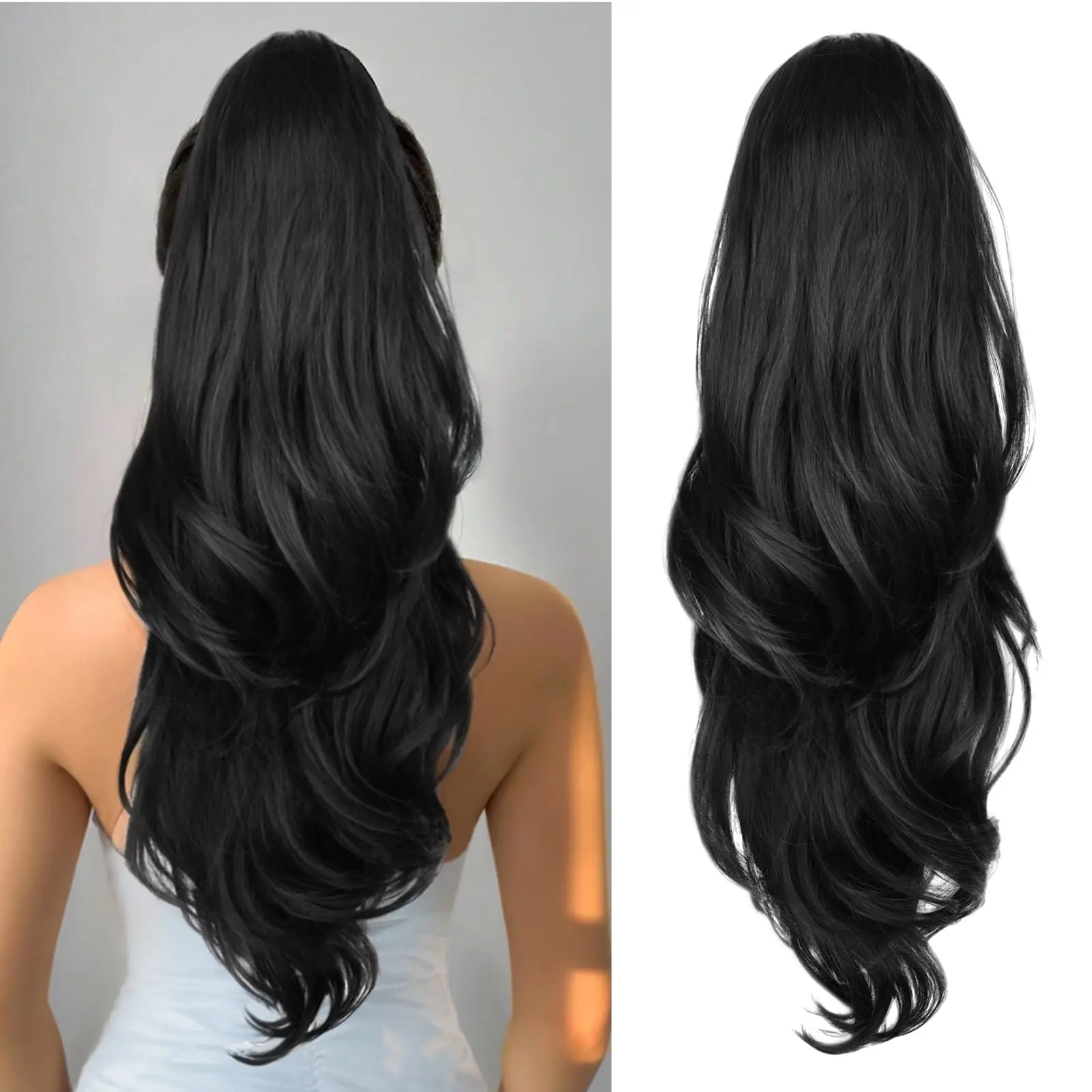 AISI HAIR 26 Inch Drawstring  Ponytail Extension Long Wavy Layered Hair Extensions Synthetic Claw Clip in Ponytail Hairpiece for Women fluffy hairpiece Ponytailwig Hairextensions Wave Wig