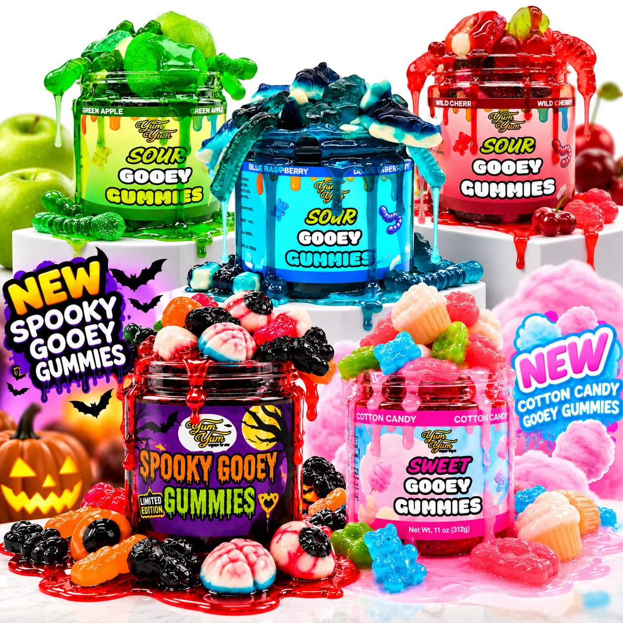 Gooey Gummies in Liquid Candy Sweet or Sour Blue Raspberry - Watermelon - Wet Snack 11-20 oz Container Chewy Gummy