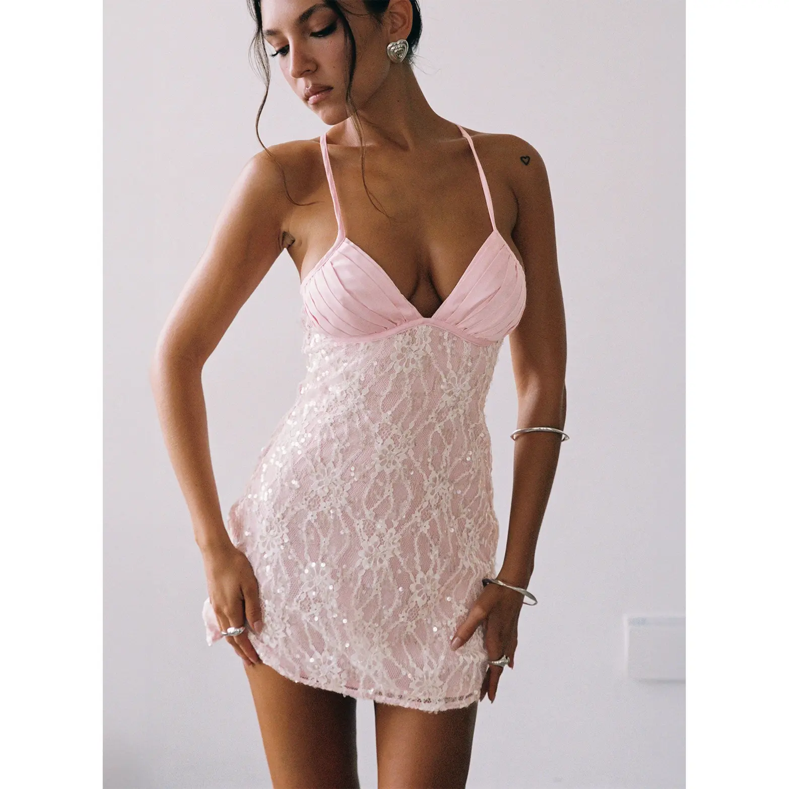 Disco Lights Sequin Lace Mini Dress Pink