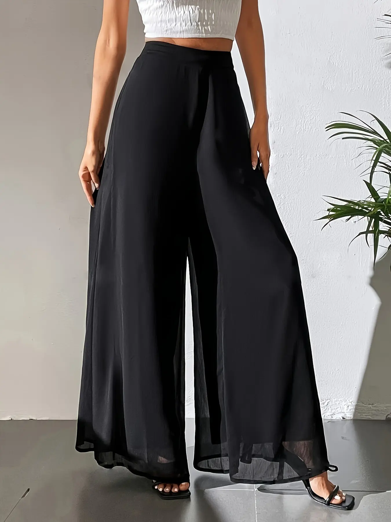 1 Spring Summer Sheer Chiffon Wide Leg Pants Women | High Waist Elastic Waist Flowy Palazzo Trousers Slouchy Palazzo Pants Bohemian Bottoms Boho Fashion Trousers | Old Money French Chic Style for Daily Office Vacation Beach Wear Boho Comfy Trousers