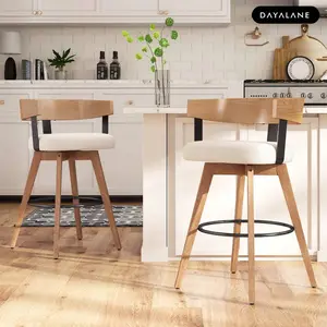 DAYALANE [Valentine's Day]26"H Swivel Bar Stools Set of 2 with Footrest Walnut Wood Leg Warm Tone, Mid Century Modern Linen Upholstered Seat for Kitchen Counter Home Bar 360-Degree Swivel Supportive Backrest