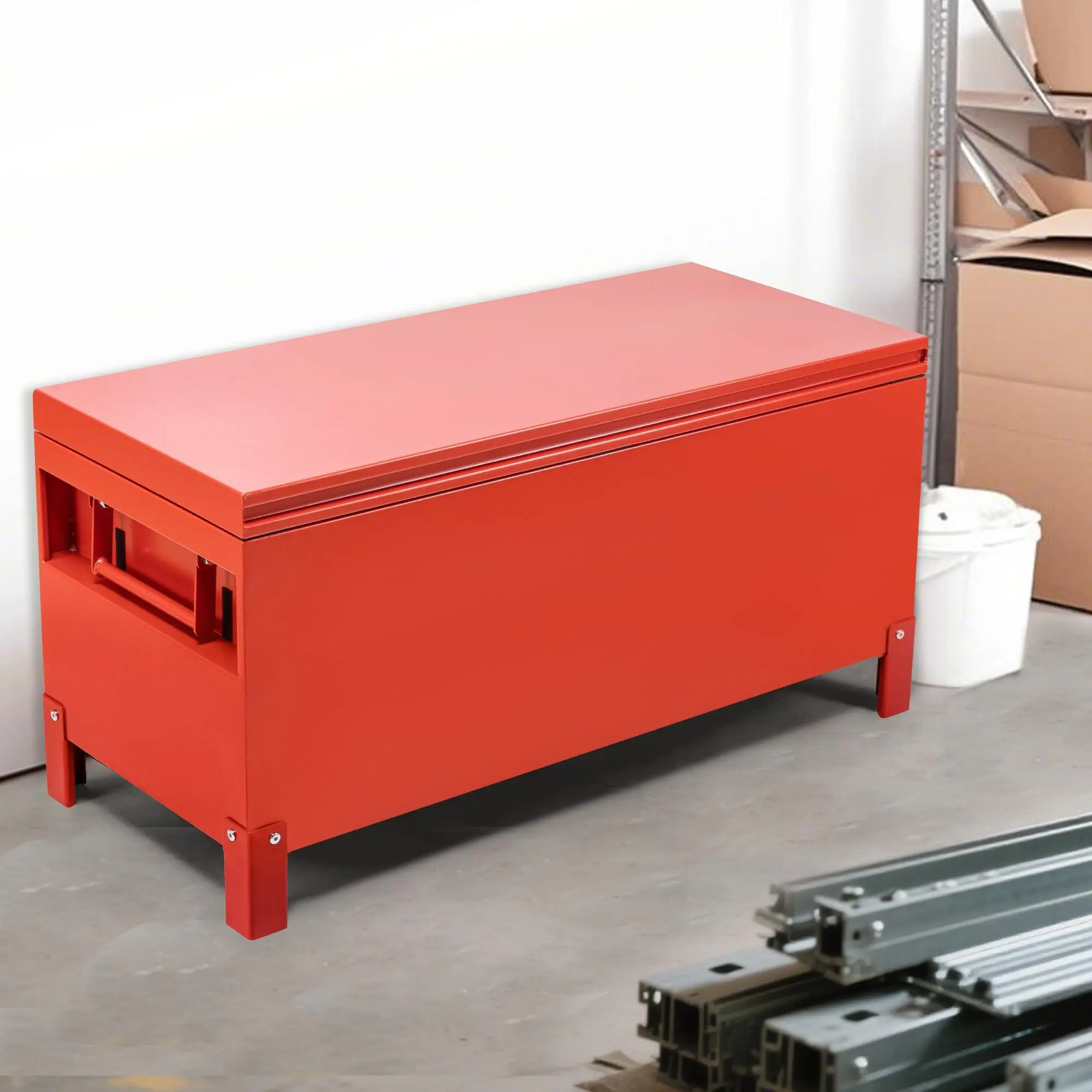 Industrial-Grade Minimalist Style Tool Room Chest - 36x15in Lightweight Aluminum Tool Box with Hidden Handles, Dual-Side Hydraulic Levers, Grooved Design, Off-Ground Base, Indestructible Structure, Safety During Use for Factory Floor, Construction Site