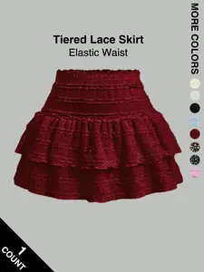 Women's High Waist Ruffled Pleated Mini Skirt with Lace, Double-Layer Flared Design, Comfortable Soft Fabric, Fashionable Elegant Short Skirt Suitable for Outdoor Leisure Daily Wear