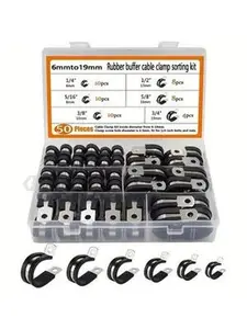 50pcs Stainless Steel Hose Clamp Set, R Type Cable Clamps with Rubber Strips, Corrosion Resistant Wire Fixing Clips, 6mm to 19mm, Tool Box Included