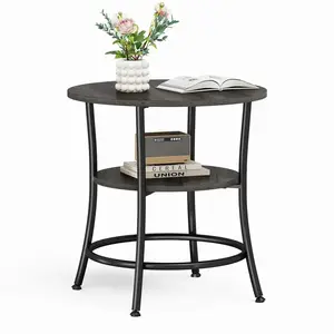 21 Inch Round Outdoor Side Table, 2-Tier Patio Coffee Table with Storage Shelf, Rustic Wood Look & Metal Frame, Weather-Resistant Small Table for Balcony Porch