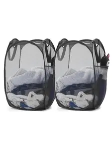 LMMAKE Handy Laundry Collapsible Mesh Pop Up Hamper with Wide Opening & Side Pocket Breathable Sturdy Foldable Space Saving Design for Clothes Storage Black