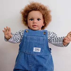 Reborn Toddler Doll 26 Inch Afro-American Dolls with Rooted Hair, Brown Eyes Skin, Soft Cloth Body Vinyl Limbs  Denim Overalls Outfit  Feeding Set