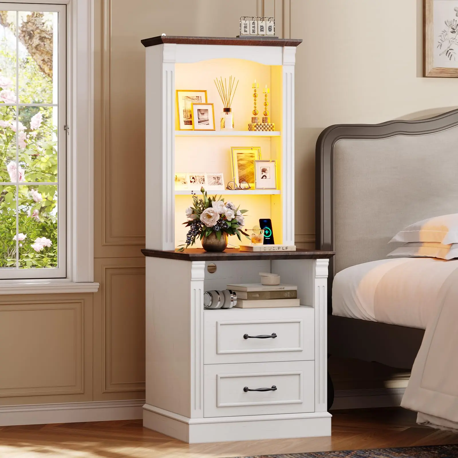 Farmhouse Nightstand (Adults, 12 in & Above) - 52.7" Tall Engineered Wood Bedroom Furniture with Built-in Charging Ports, LED Lights, 3-Tier Shelf, Drawers, Modern Design for Living Room (White+Brown)