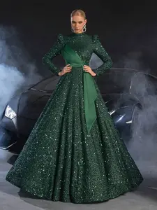 1 piece women's sequined turtleneck Formal dress, Womenswear, luxurious, elegant and Chic style, dress with bow belt and puffed sleeves, suitable for Evening dinners, dances, parties, weddings, important occasions, Valentine's Day