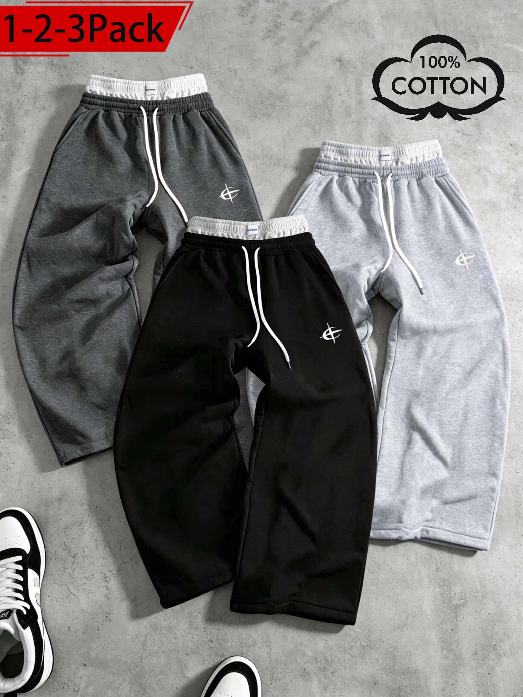 Pack of 1–3 faux two-piece joggers with double waistband, unisex; 100% cotton running pants, Y2K loose fit, low-rise drawstring design, hip-hop skate style, soft heavyweight cotton, street-style bottoms for a fashionable urban look.