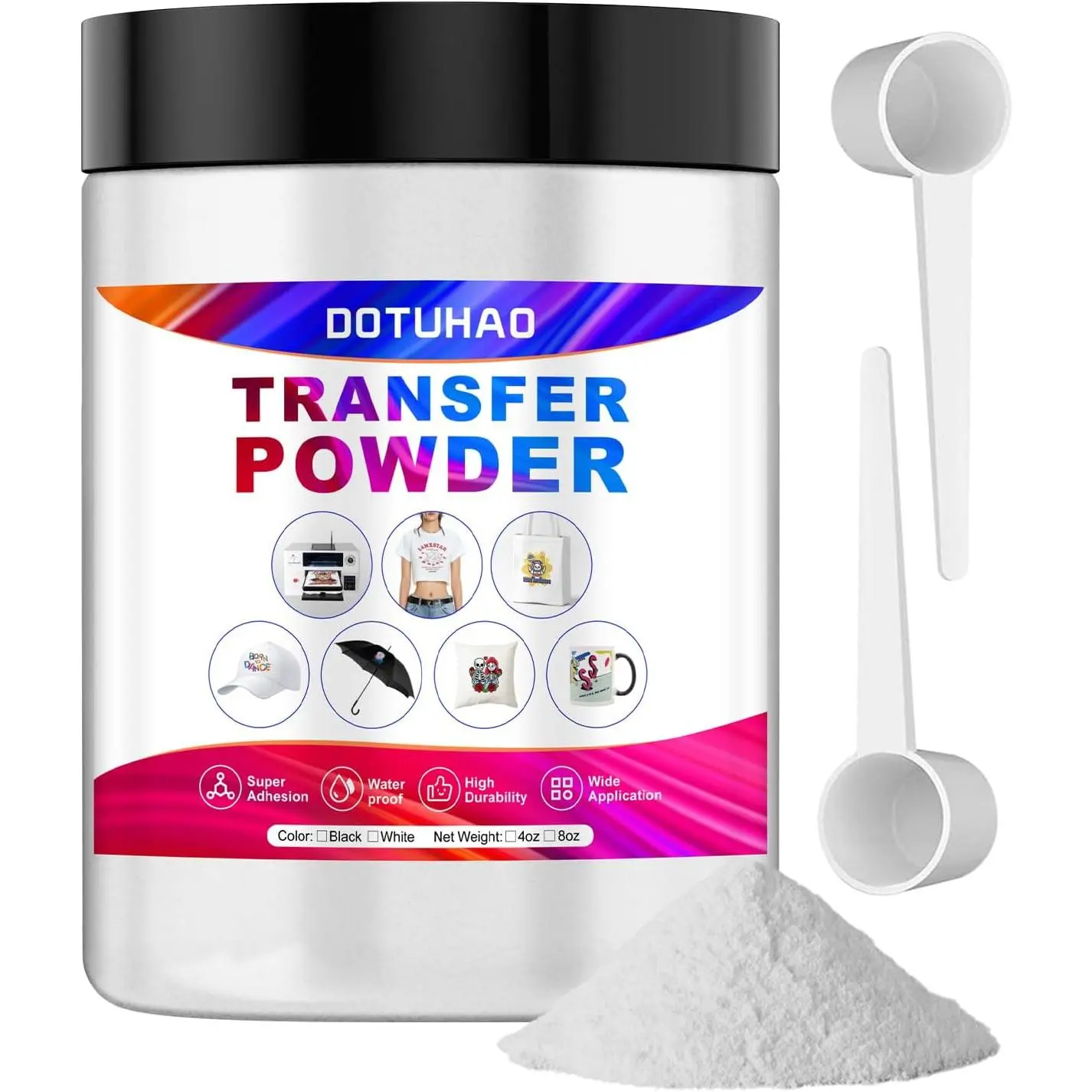 White DTF Transfer Hot Melt Adhesive Sublimation Powder (8 oz) with 2 Spoons, Compatible with All DTF & DTG Printers, for Colored Garments, 8 Ounces