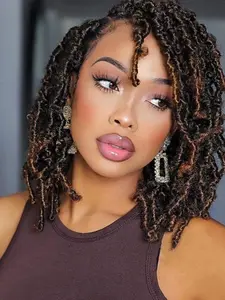 14 Inch Ombre Brown Short Shoulder Length Lace Front Braid Dreadlock Wig, Synthetic Hair Wig for Women, Synthetic Curly Wigs, Synthetic Braids
