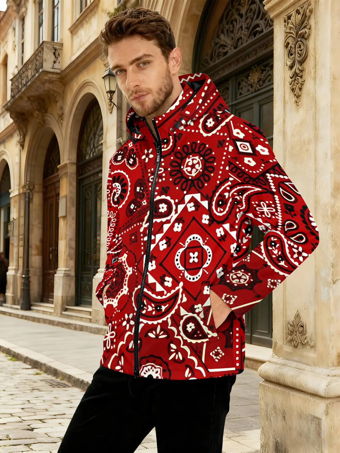 Men's jacket, trendy brand paisley pattern men's jacket, street functional style, trendy and versatile, unique and eye-catching, windproof and waterproof hooded jacket