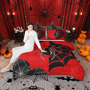 Feelyou Black Spider Animal Themed Digital Print Bedding Set - Breathable Multi-Size Halloween Comforter & Duvet Insert, Red-Black Fashion Design for Boys' Room Decor