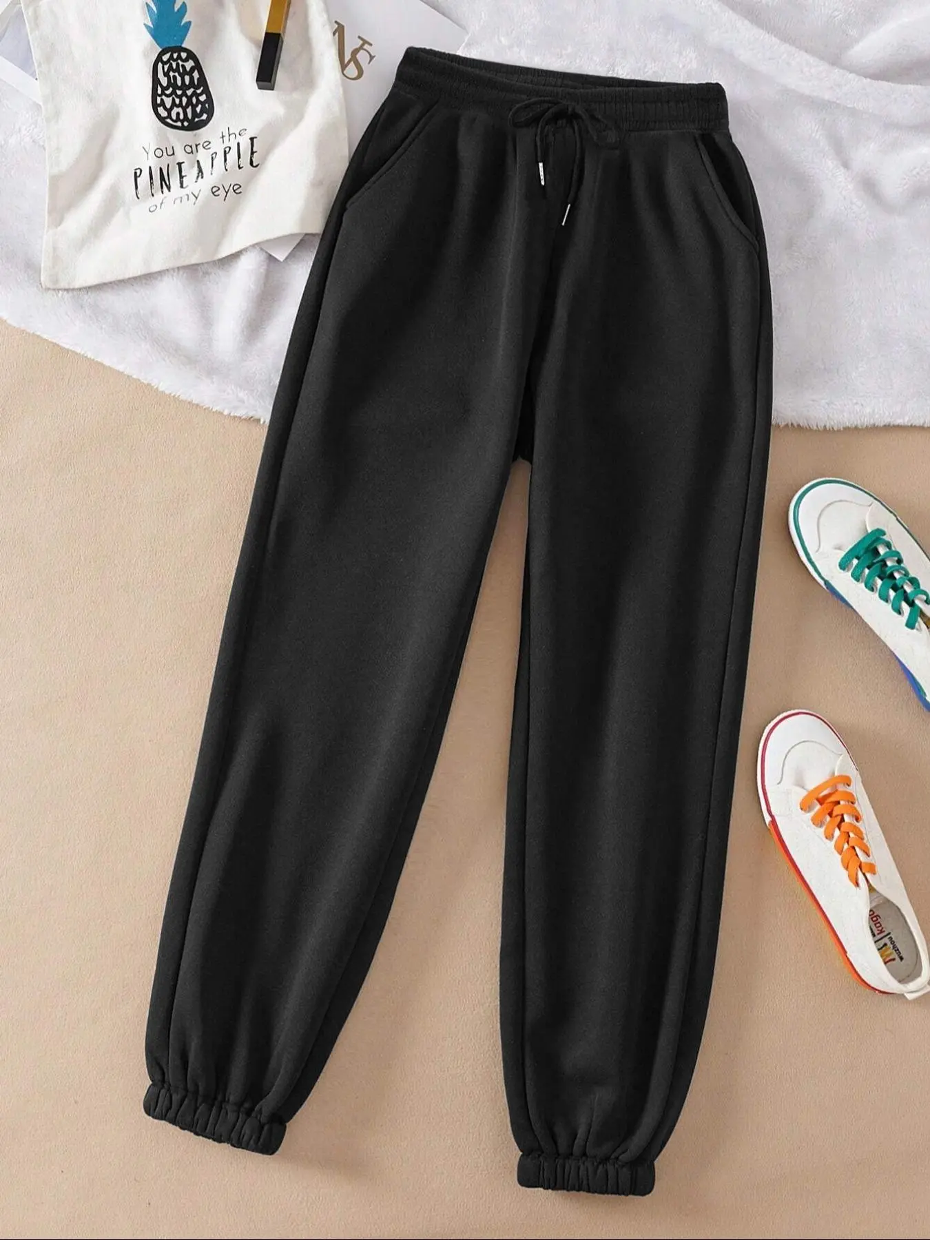 Women's Plain Drawstring Waist Sweatpants, Casual Pocket Jogger Pants for Fall & Winter, Women's Trousers for Daily Wear, Casual Sports Trousers, Baggy Jogging Pants