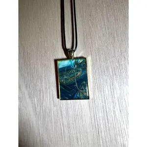 Blues and Gold Small Rectangle Resin Pendant Necklace