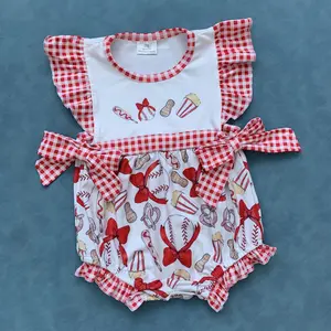 Baby girls red plaid baseball summer romper