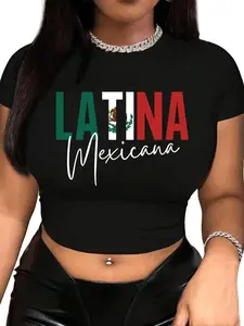 Women's Letter Print Round Neck Crop Tee, Casual Streetwear Short Sleeve Crew Neck T-shirt for Summer, Women's Top for Daily Wear, Graphic Tees Women, Womenswear, Polyester