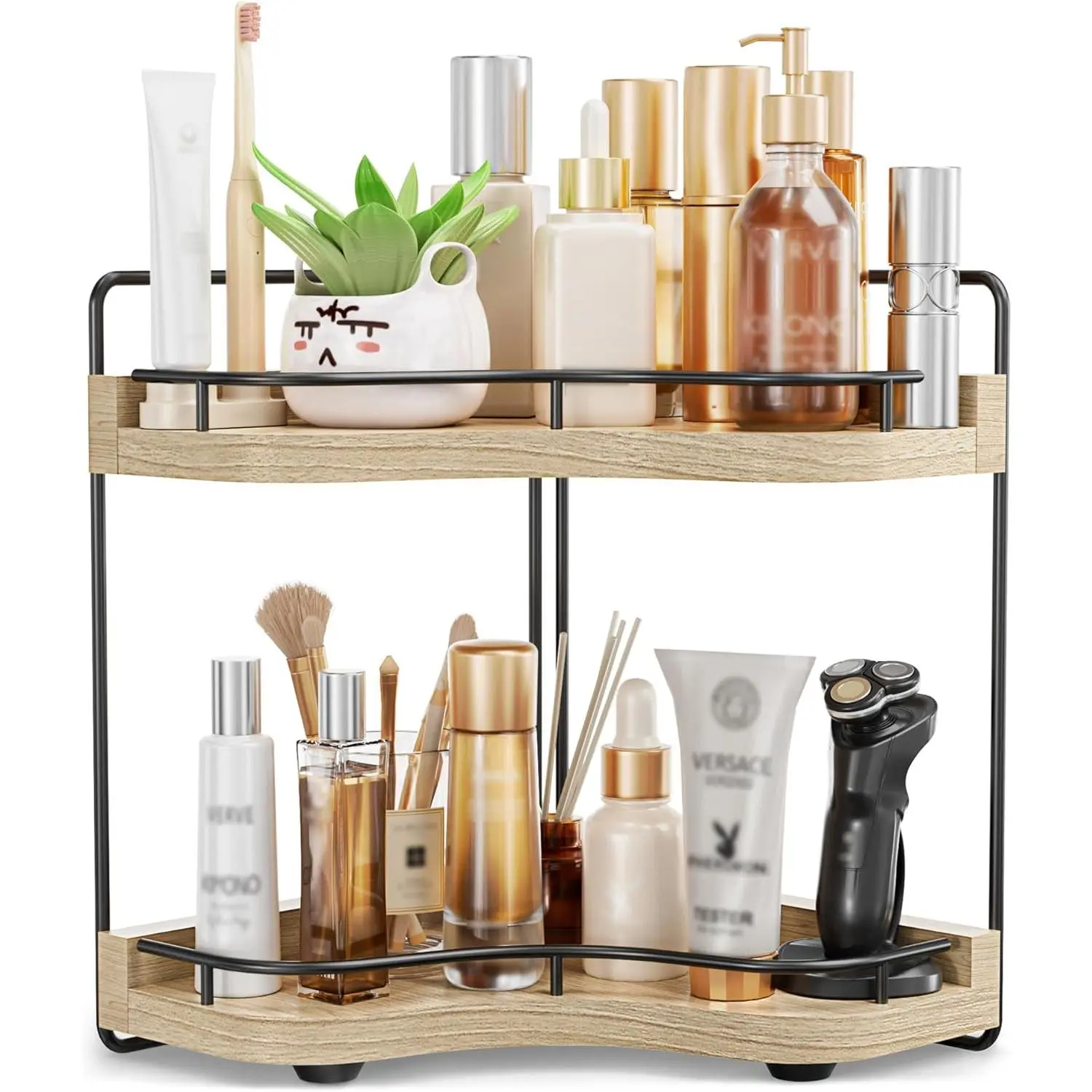 2-Tier Corner Bathroom Counter Organizer with Embedded Screw Holes, Secure &    Shelf for Makeup and Skincare Essentials - Space Saving Bathroom Countertop Storage, Light Walnut