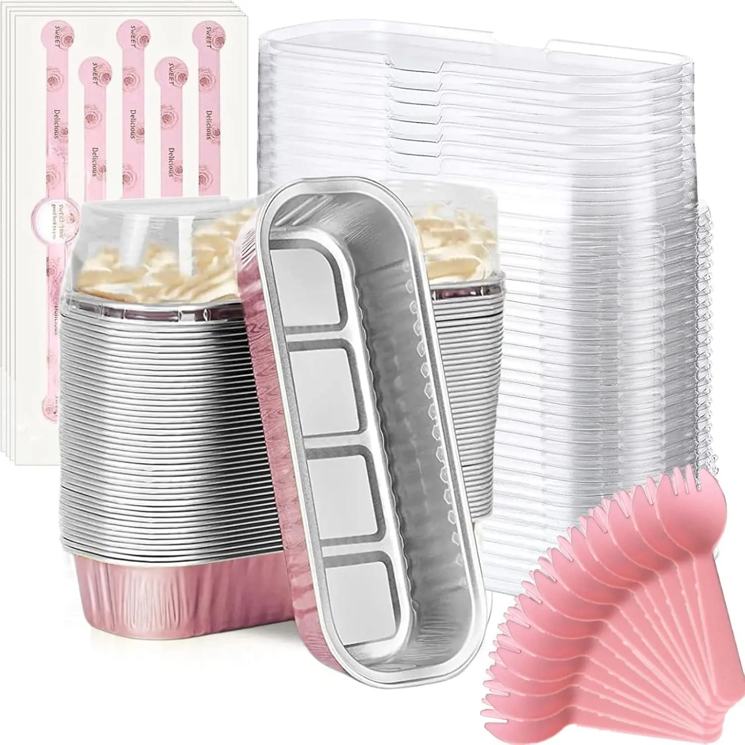 50-Pack Disposable Rectangle Aluminum Foil Mini Loaf Baking Pans with Lids and Spoons, 6.8oz Bakeware Tins & Food Containers for Mini Cakes, Cheesecakes, Desserts