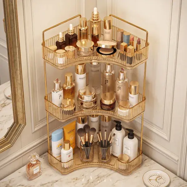 3-Layer Space-Saving Desktop Corner Beauty Organizer, Durable Home Storage Rack for Perfumes, Skincare Products, Lipsticks on Dressing Tables or Bathroom Countertops pantry organization makeup holder clear hard shell