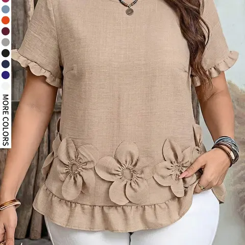 Plus Size Women's Everyday Casual Plain 3D Floral Decoration Short-Sleeve Blouse for All Seasons