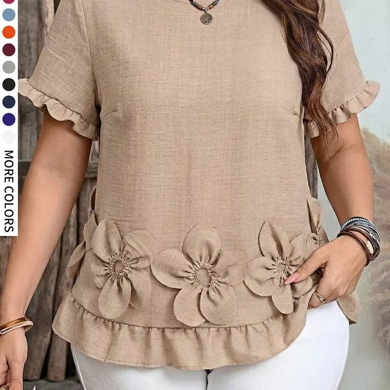 Plus Size Women's Everyday Casual Plain 3D Floral Decoration Short-Sleeve Blouse for All Seasons