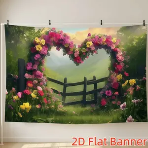 1PC,2D Flat Customize Backdrop Romantic Heart - Shaped Flower Arch Pastoral Backdrop, Festival Party Decoration Tapestry, Dreamy Garden Fence Flower Scene Layout Hanging Cloth, Wedding Birthday Theme