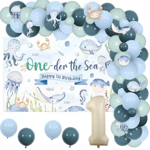 1Set Under the Sea 1anniversary Birthday Decoration Boy Oneder the Sea 1anniversary Birthday Decorations Backdrop Ocean Animal Stickers Balloon Garland Kit Number 1 Foil Balloon for Boy Underwater Bday Party Gifts