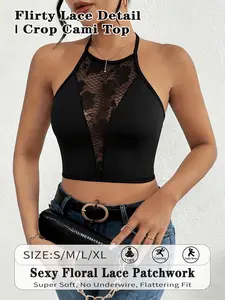1piece Basic Flirty Lace Patchwork Halter Crop Top Sexy Floral Mesh V-Neck Cami Perfect for Date Night, Parties & Clubbing | Soft & Flattering Summer Streetwear Elegance Womenswear