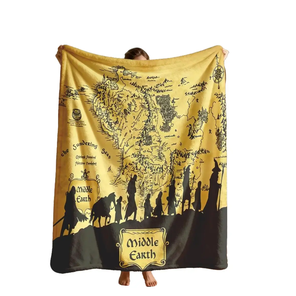 Middle Earth Map Fellowship Silhouette Lord Of The Rings Flannel Blanket Soft Warm Throw Plush Blanket Vintage Fantasy Movie Fandom Aesthetic Yellow Black Bedroom Couch Nap Blanket Giftable LOTR Fan Decor Blanket For Room Party Day Gift Popular Home Blank
