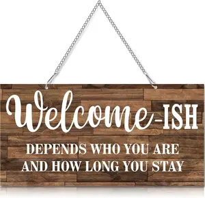 Hotop Funny Christmas Welcome Front Door Sign Welcome-Ish Hanging Sign 12 X 6 Inch, Rustic Wall Farmhouse Door Decor for Home Porch Entryway Decor(White Words with Brown Base)