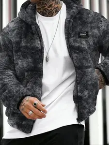 Men's Fuzzy Hooded Jacket, Warm Fleece Lined Puffer Coat, Y2K Tie-Dye Ombre Streetwear, Casual Loose Full Zip Thermal Winter Outerwear, Menswear