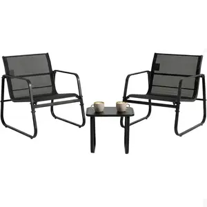 3-Piece Outdoor Conversation Set, Wooden Coffee Table with 2 Textilene Armchairs, Rust-Proof Steel Frame Bistro Furniture, Ideal for Patio Porch Backyard Balcony Garden Poolside