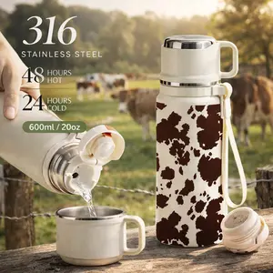 1 Pc Thermal Cup, 600ml/20oz, Double Wall, Leak-Proof, 48 Hours Hot, 24 Hours Cold, Hot & Cold Drinks, Perfect Gift for Women & Men, Stainless Steel, Unique Cow Print Design, Farm-Inspired, Ideal for Travel & Outdoor Adventures
