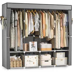 Portable Closet, 66 Inch Large Capacity Wardrobe for Closet Organizers and Storage with Non-Woven Fabric Cover, 4 Hanging Rods, 8 Shelves(Grey)