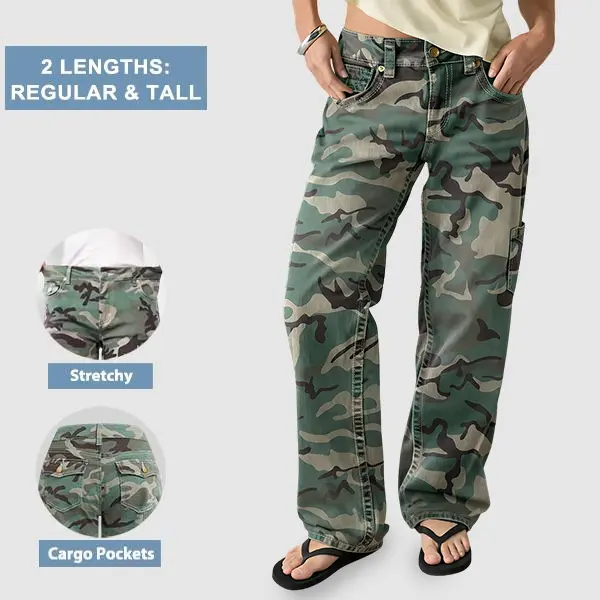 Flamingals Stretchy Camo Print Mid Rise Straight Leg Pants Womenswear