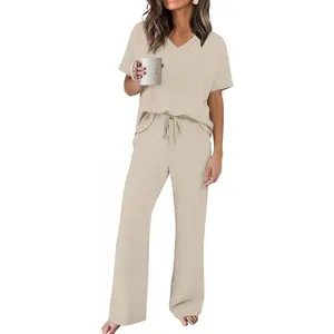 WIHOLL Lounge Sets for Women V Neck Turn-UP Sleeves Tops Wide Leg Pants 2 Piece Sets Oversized Summer Vacation Outfits 2026
