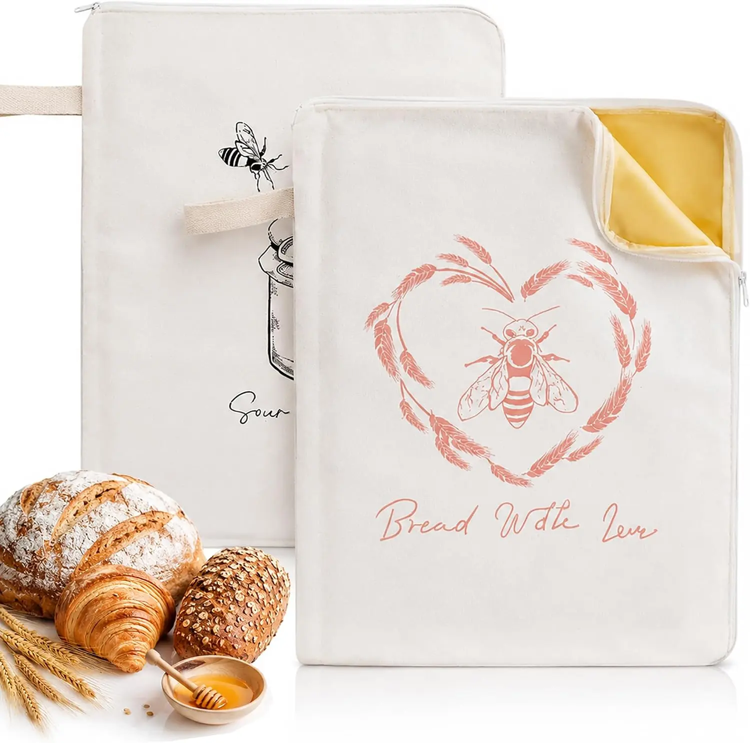 2 pcs 17x13 inch beeswax cotton and linen bread preservation bags, zippered bread storage bags, reusable, used for storing sourdough, baguettes, and croissants