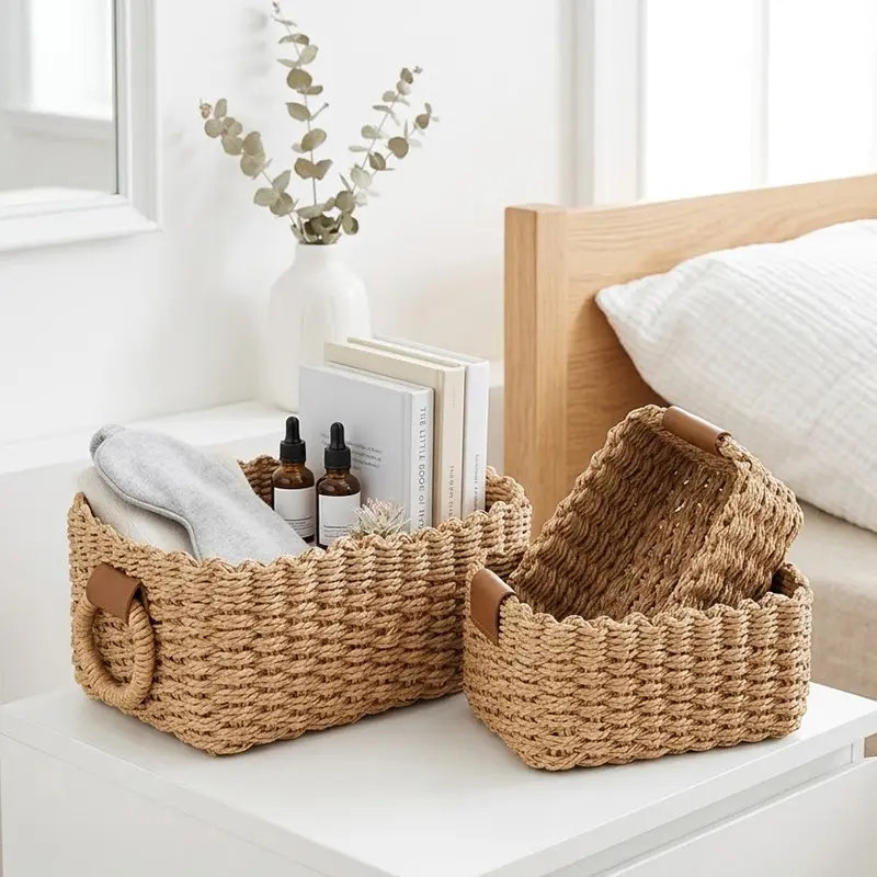 Natural Fiber Rectangular Rattan Weave Storage Basket Set, Home Organiser with Handles for Easy Carrying, Bedroom Books & Decorative Items Organization