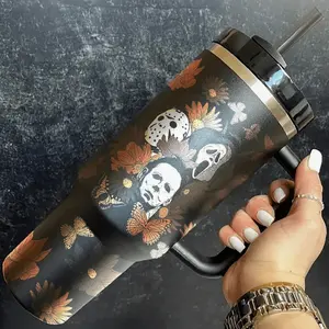 Quality Horror Icons 40oz Fall Tumbler Collection Spooky Slasher Floral Cup with Handle & Straw Insulated Hot & Cold Drinkware for Autumn - Quick Delivery