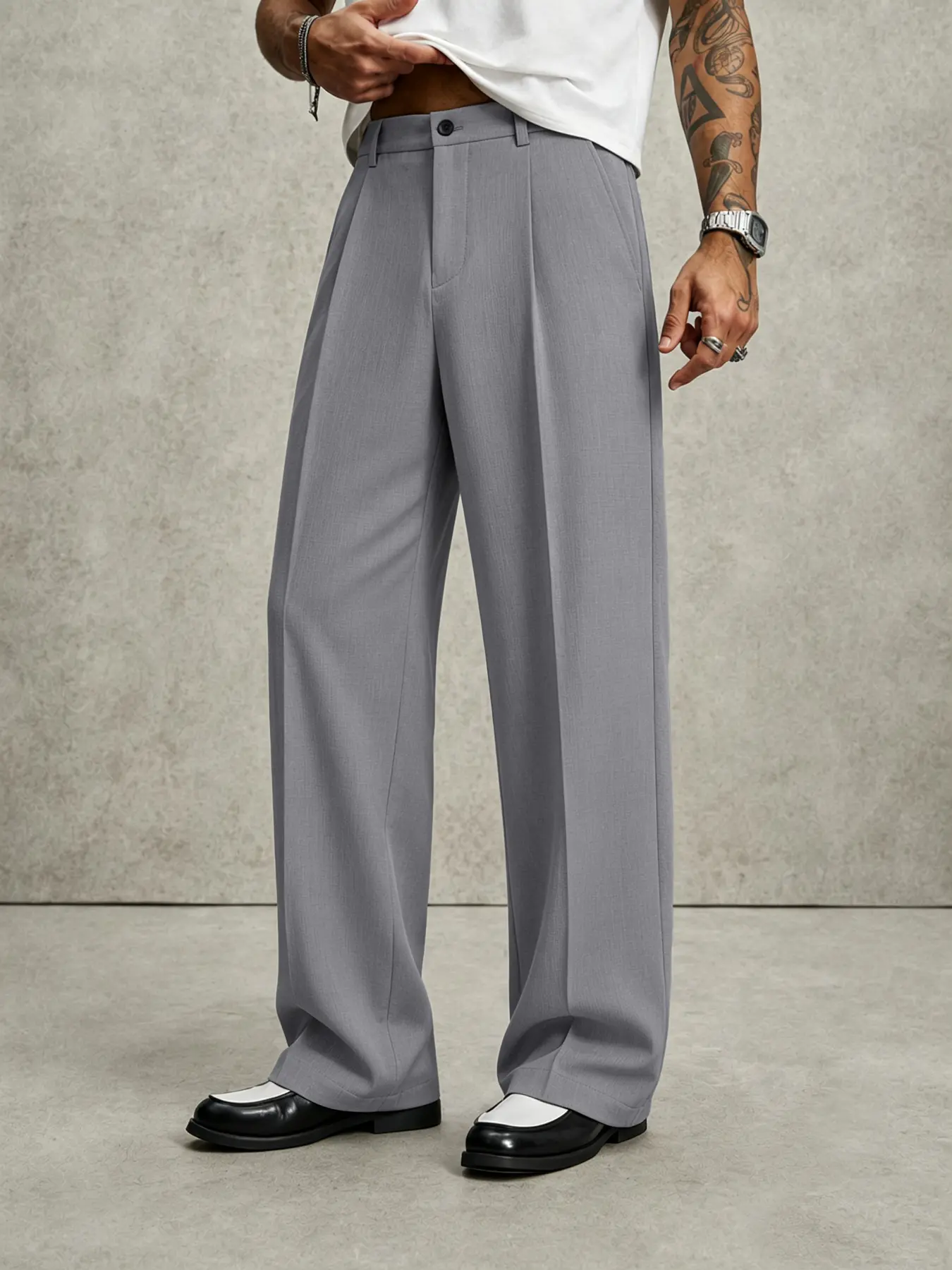 Men's Pleated Wide-Leg Trousers for Office Commute & College, Elastic Back Waist Relaxed Fit Full-Length Pants