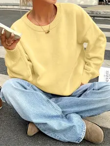 Essential Elegant Round Neck Long Sleeve Knitwear Pullover Sweater, Soft Solid Color Loose Fit, Casual & Formal Wear for Fall Winter Women