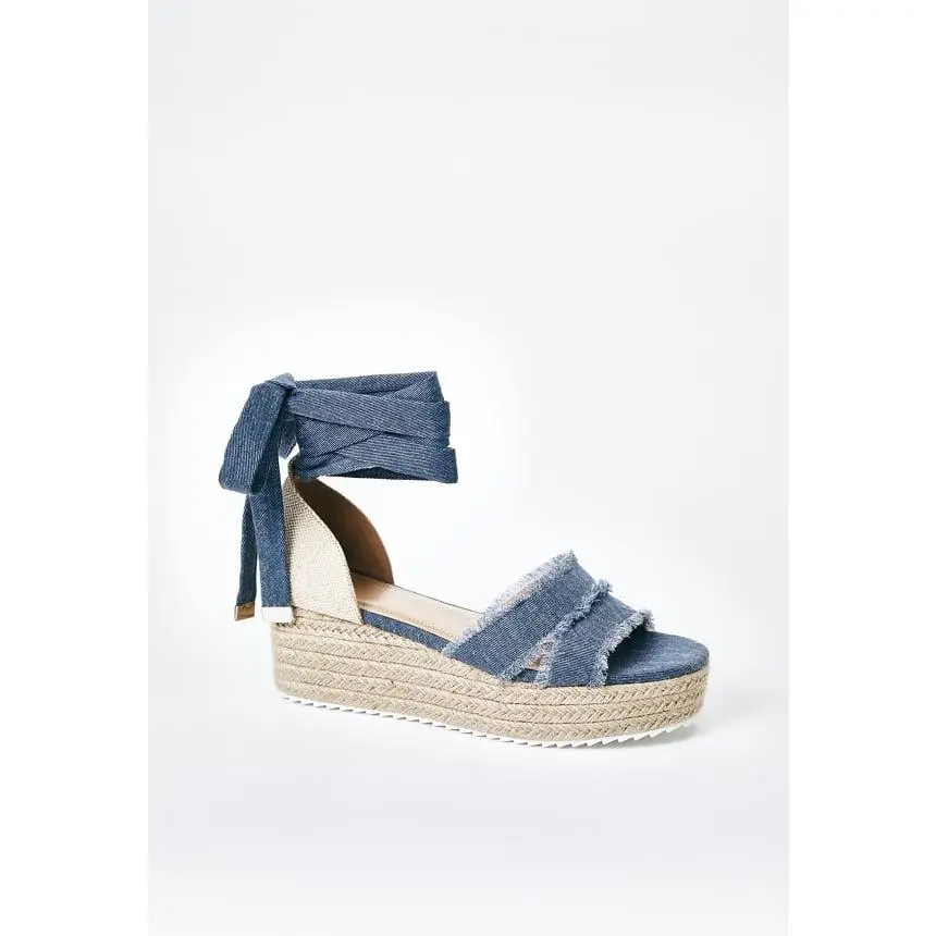 Women's Classic Denim Platform Espadrille Wedges with Frayed Straps and Lace-Up Ankle Tie for Summer, Platform Espadrilles, Footwear, Shoe, Sandals Women, Blue Denim, Women Sandals